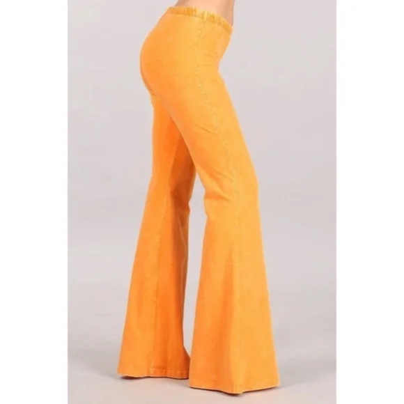 Tangerine Orange Boho Mineral Wash Stretch Flared Bell Bottom Casual Pants - Picture 3 of 6